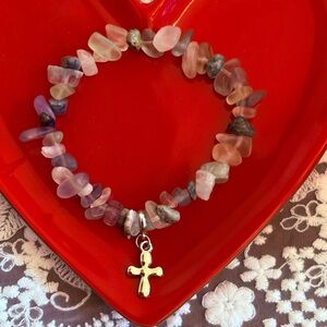 Multicolor- Lapis & Pastel Gemstone Chip Bracelet with Silver Cross